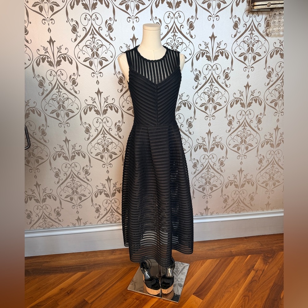 Maje Paris Black Mesh Stripe Sleeveless Midi Dress Sheer Overlay  Size S
